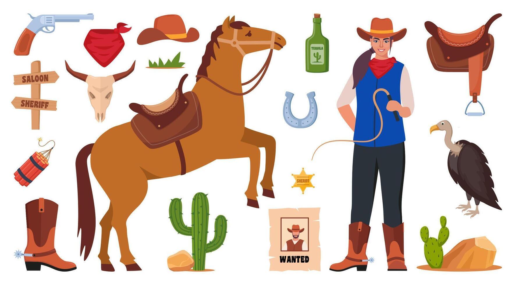 Wild West icons, set. Western and cowboy elements. Signboard, saloon door, wanted poster, sheriff badge, cactus, cow skull, cowboy hat, revolver, wagon. Texas symbols. vector