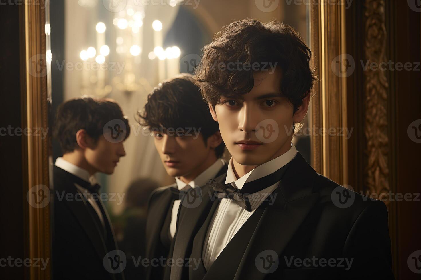 A gathering of young men clad in tuxedos standing together in front of a large mirror, possibly preparing for a formal event. photo