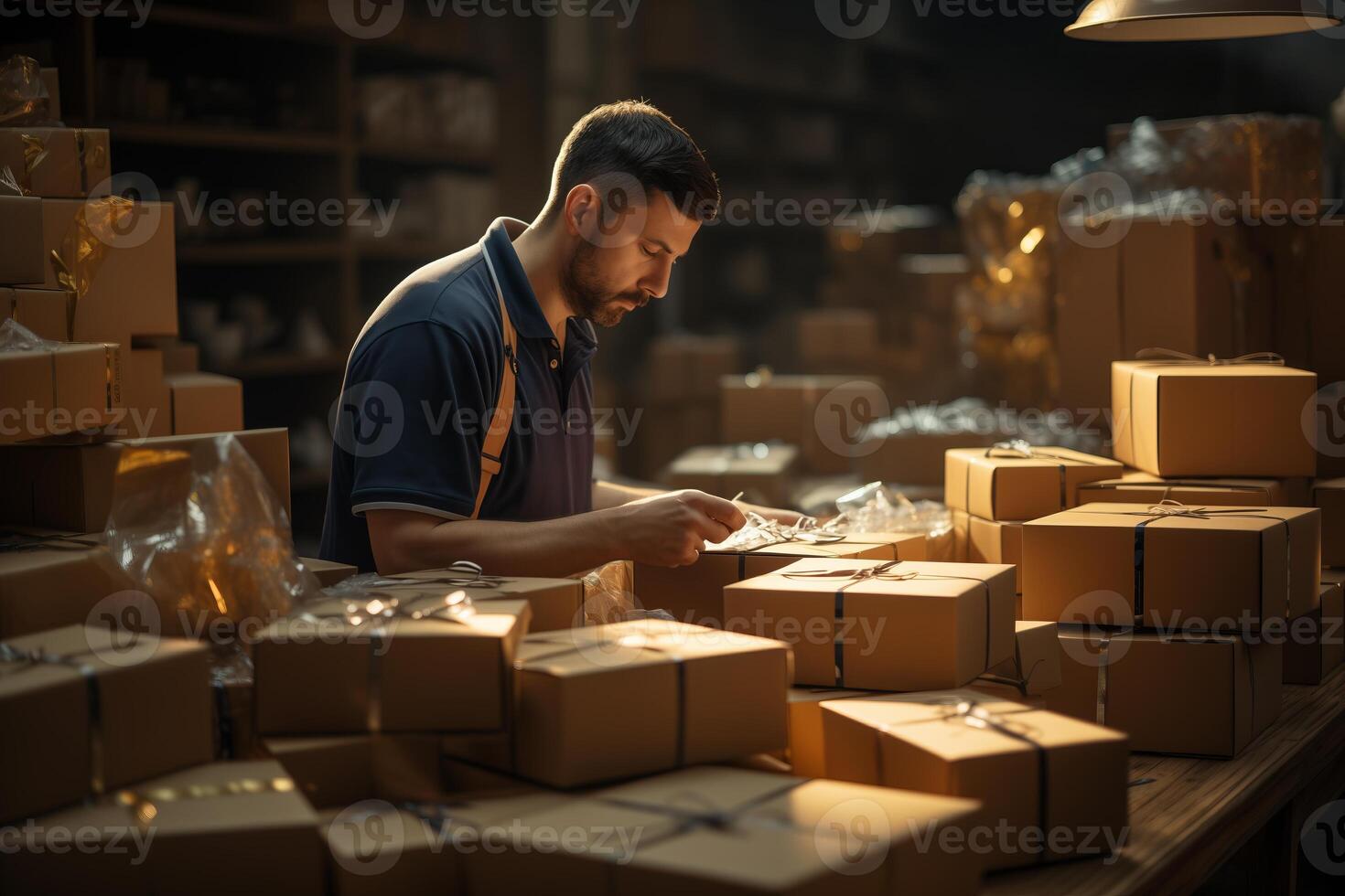 A man working diligently, sorting boxes in a busy warehouse environment. photo