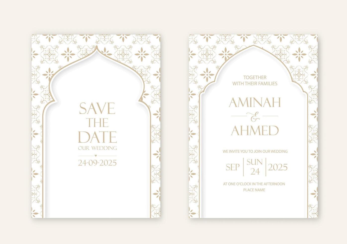 Set of Islamic style wedding invitations with a geometric pattern with mosque arch. vector