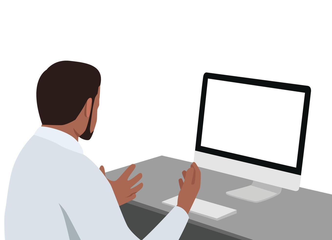 Young black man working and talking to someone on a computer. View from his back with blank screen. vector