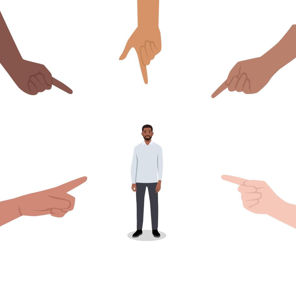 Young man Sad depressed, ashamed man surrounded by hands pointing him out with fingers. vector