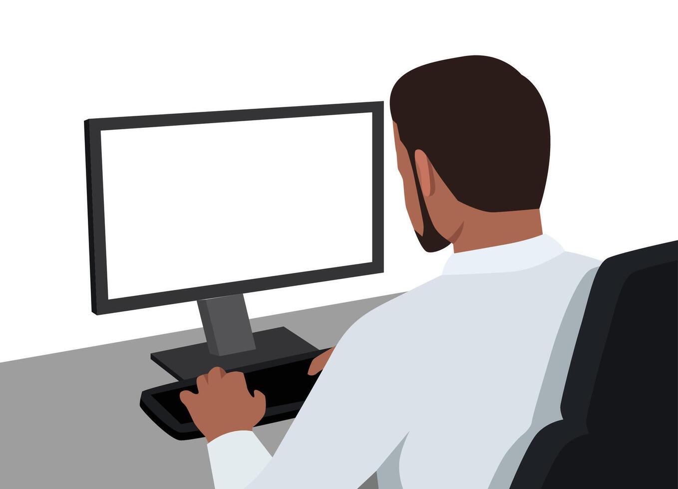 Young black man working on a computer. View from his back with blank screen. vector