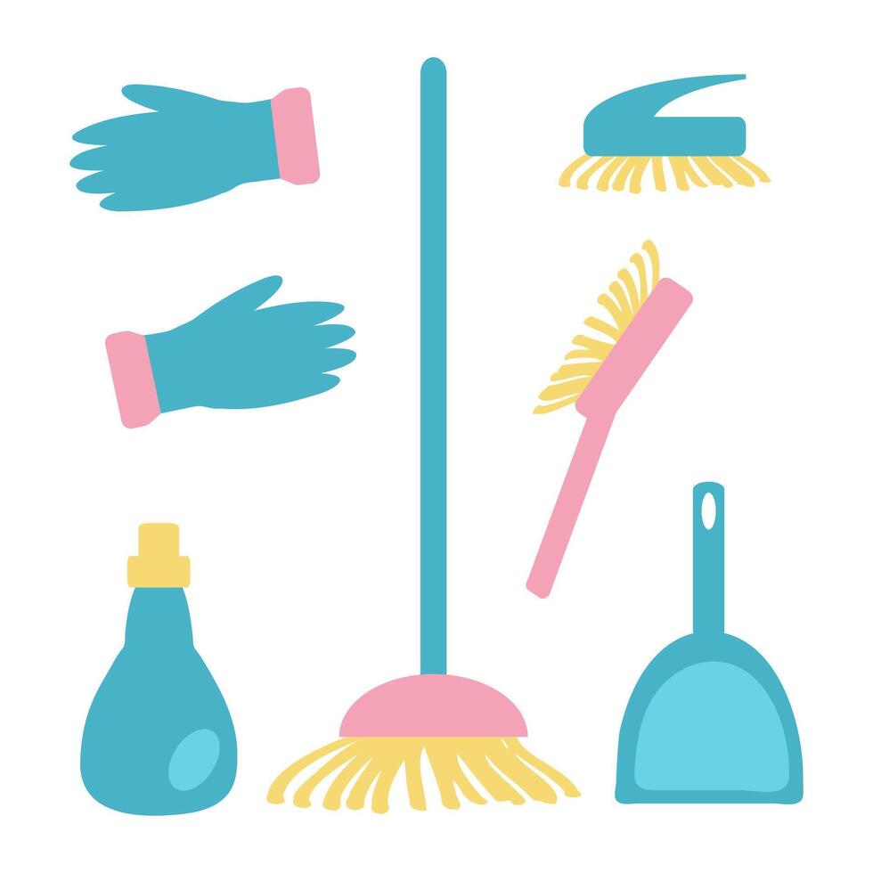 Household cleaning products clipart collection. Sweeping accessories in flat style. Hand drawn illustration isolated on white background. vector
