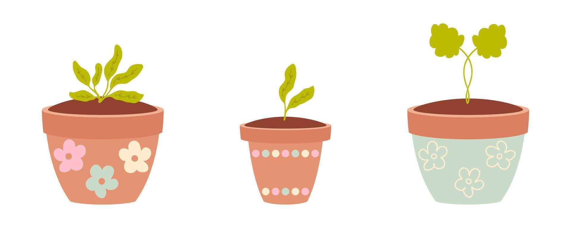 Tiny plants in a flower pots doodle collection. Hand drawn illustration isolated on white background. vector