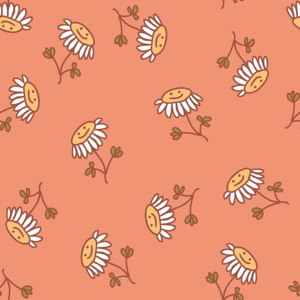 Hand drawn happy chamomile flowers doodle style seamless pattern. Perfect print for tee, paper, textile and fabric. Summer illustration for decor and design. vector