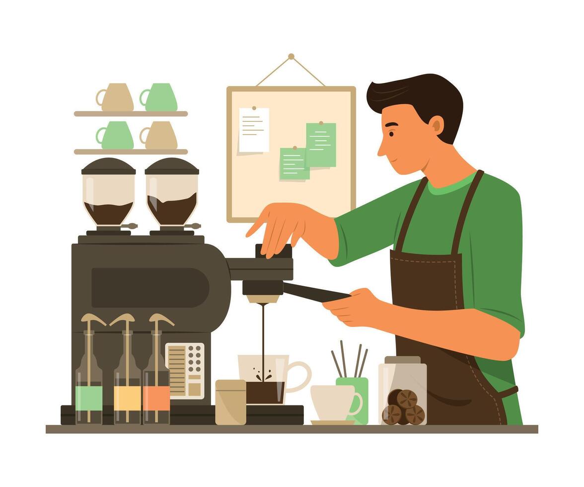 Barista Man Making Coffee at Bar Counter in Coffee Shop vector