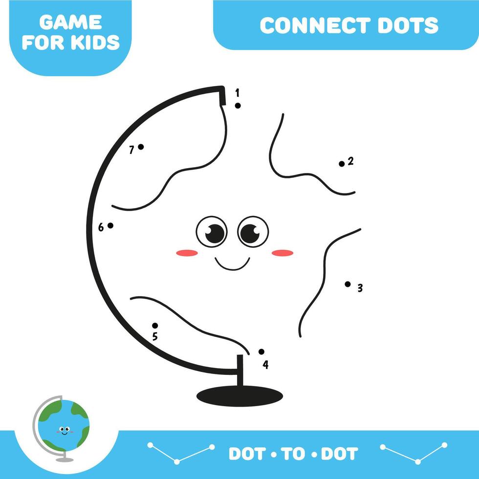 Globe character. Connect dots for kids. Dot to dot educational game. Activity worksheet. Illustration. vector