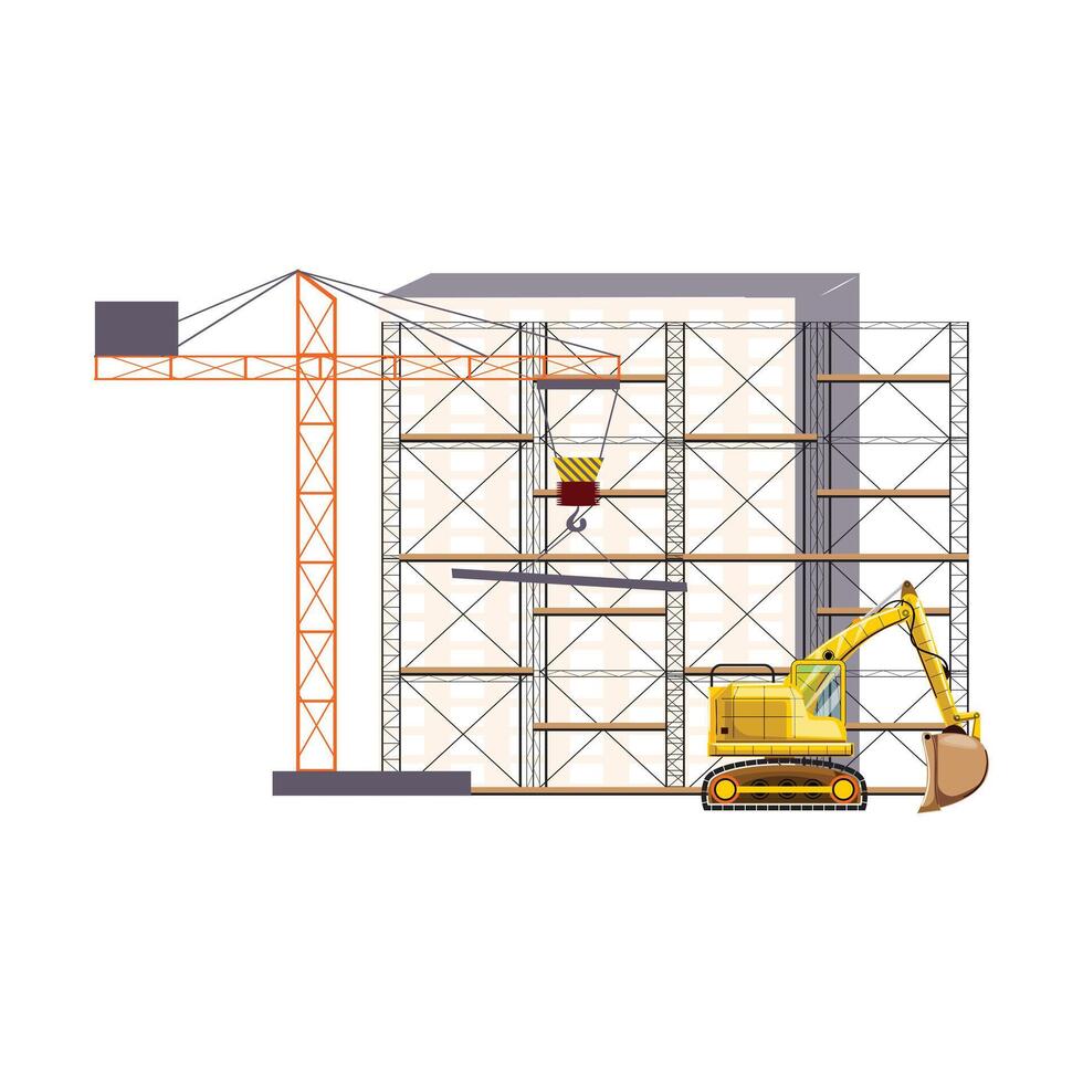 Construction site, excavator, building and crane vector