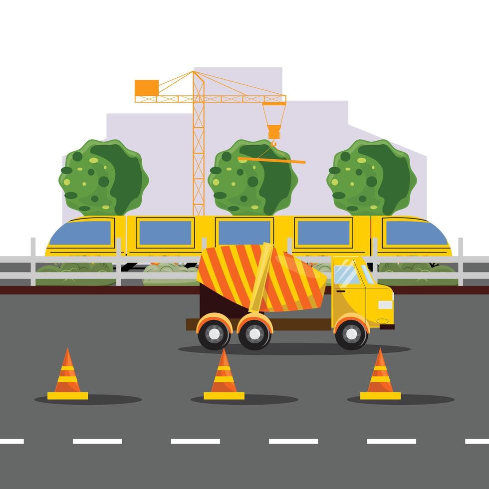 Citylife illustration with a road construction, concrete mixer driving in the city and crane, buildings on the background vector