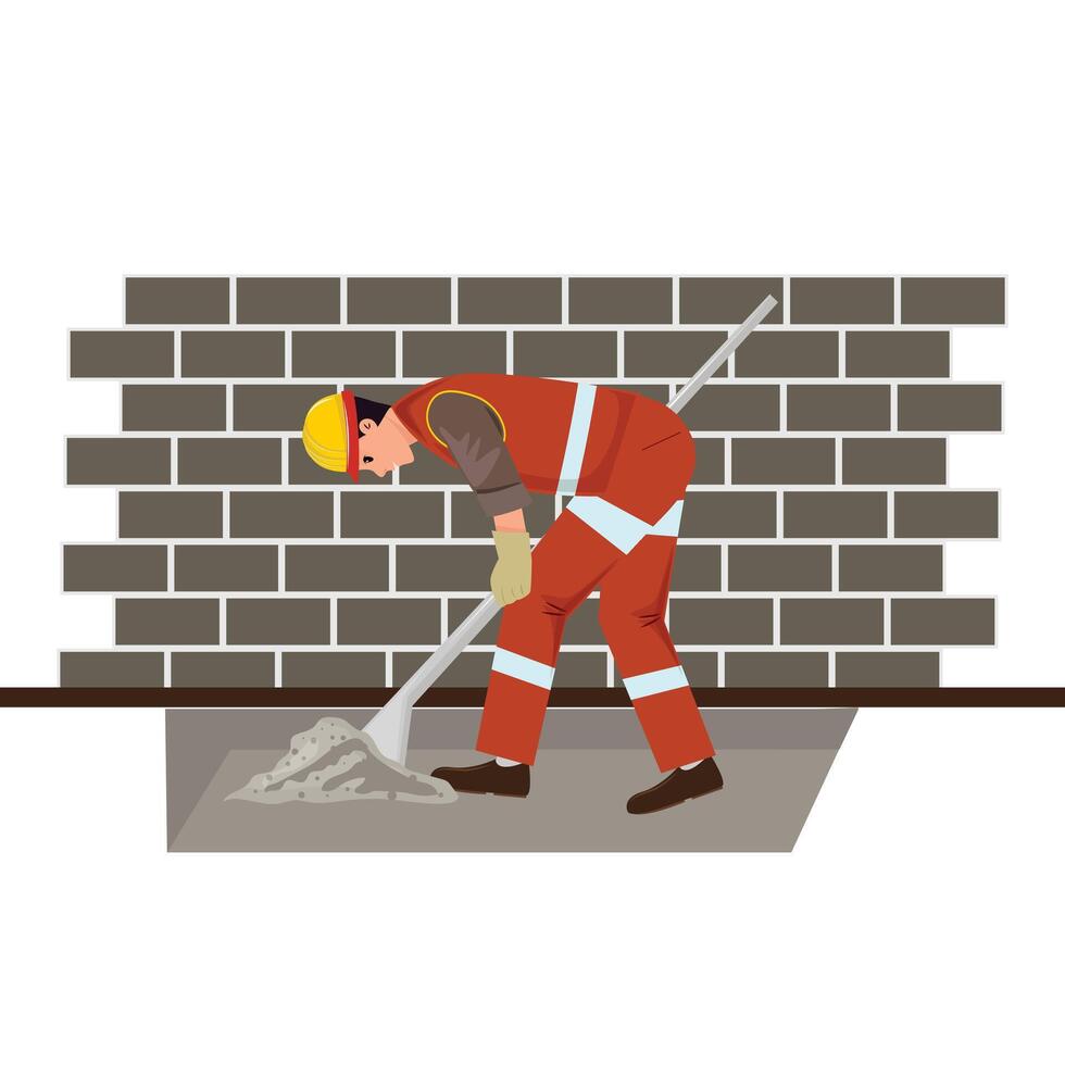 Worker digging with a shovel next to the brick wall. Construction concept vector