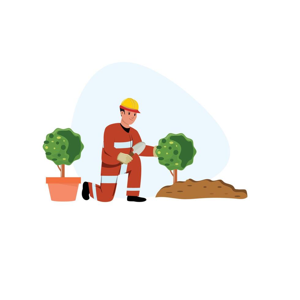 Worker in protection uniform and helmet planting trees vector