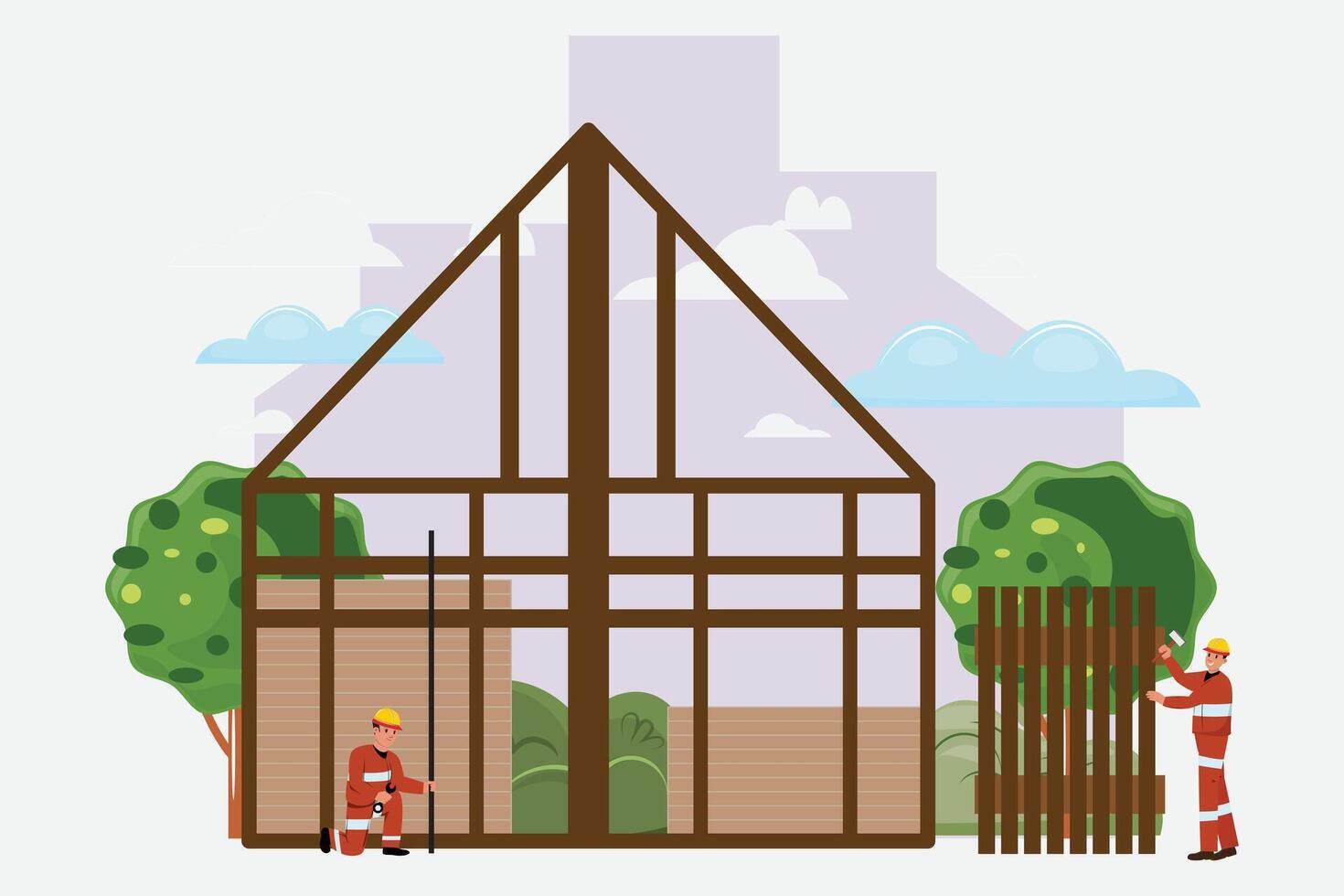 Workers in helmets and uniform construct a house against the backdrop of urban and natural landscapes. Construction, building, estate concept vector