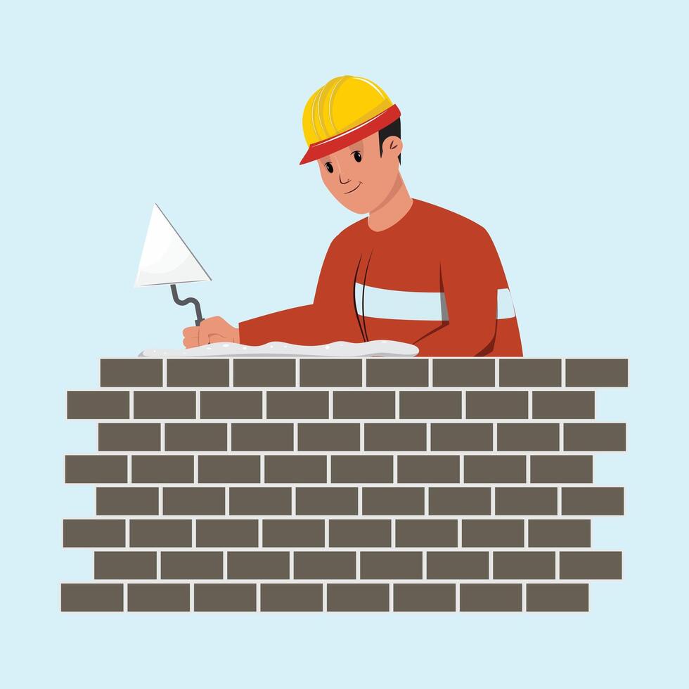 Mason meticulously lays bricks and holding a trowel in hand. Construction site vector