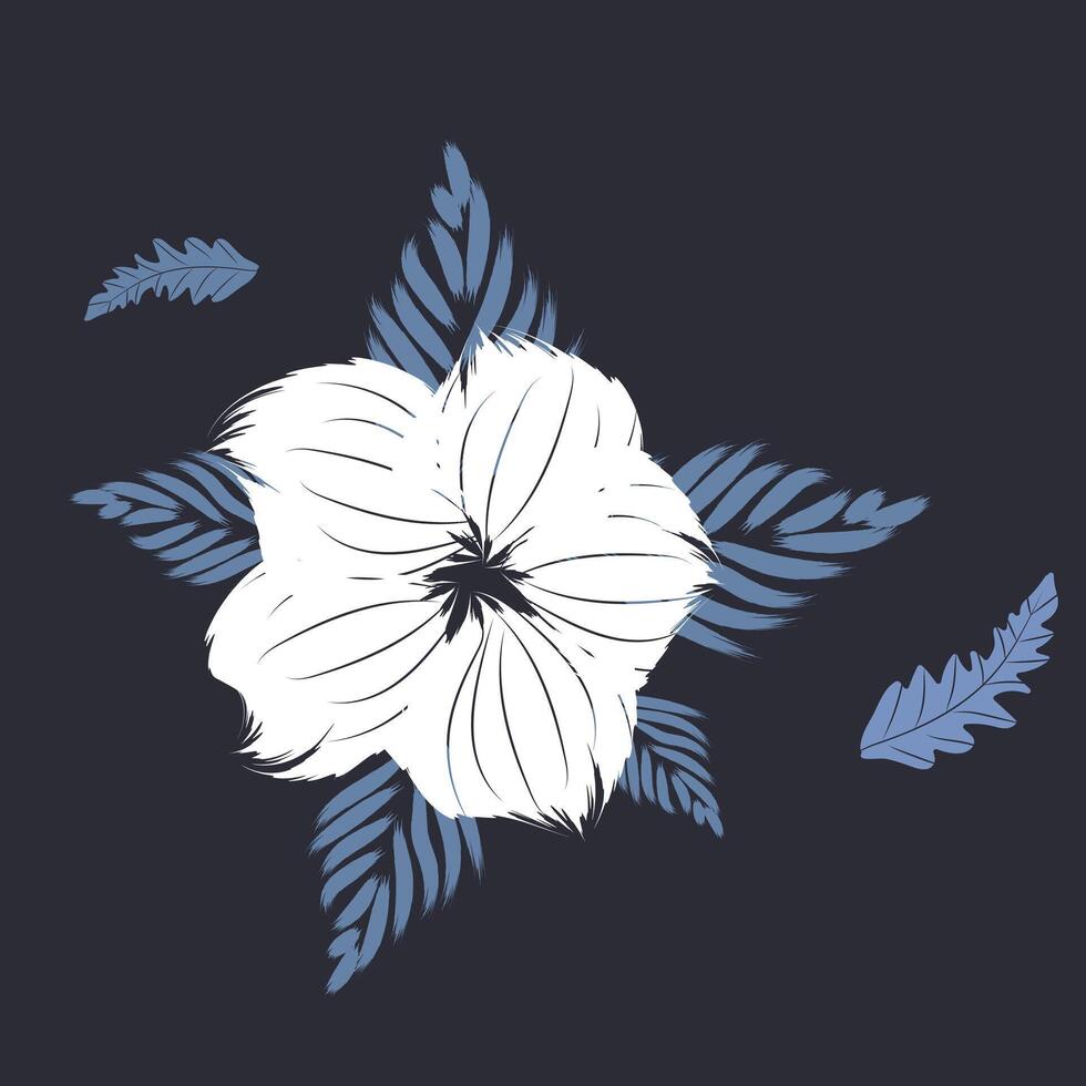 modern Floral seamless pattern. White flower draw praint style on a dark blue background. A traditional floral seamless pattern textile tropical bicolor flower and leaves vector