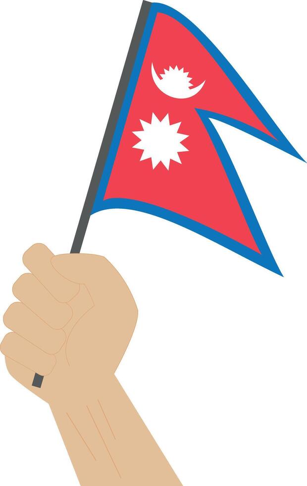 Hand holding and raising the national flag of Nepal vector
