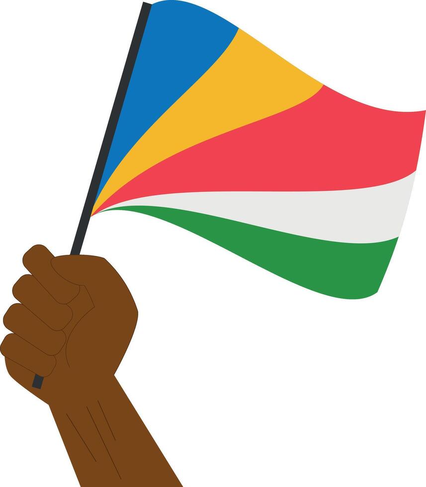 Hand holding and raising the national flag of Seychelles vector