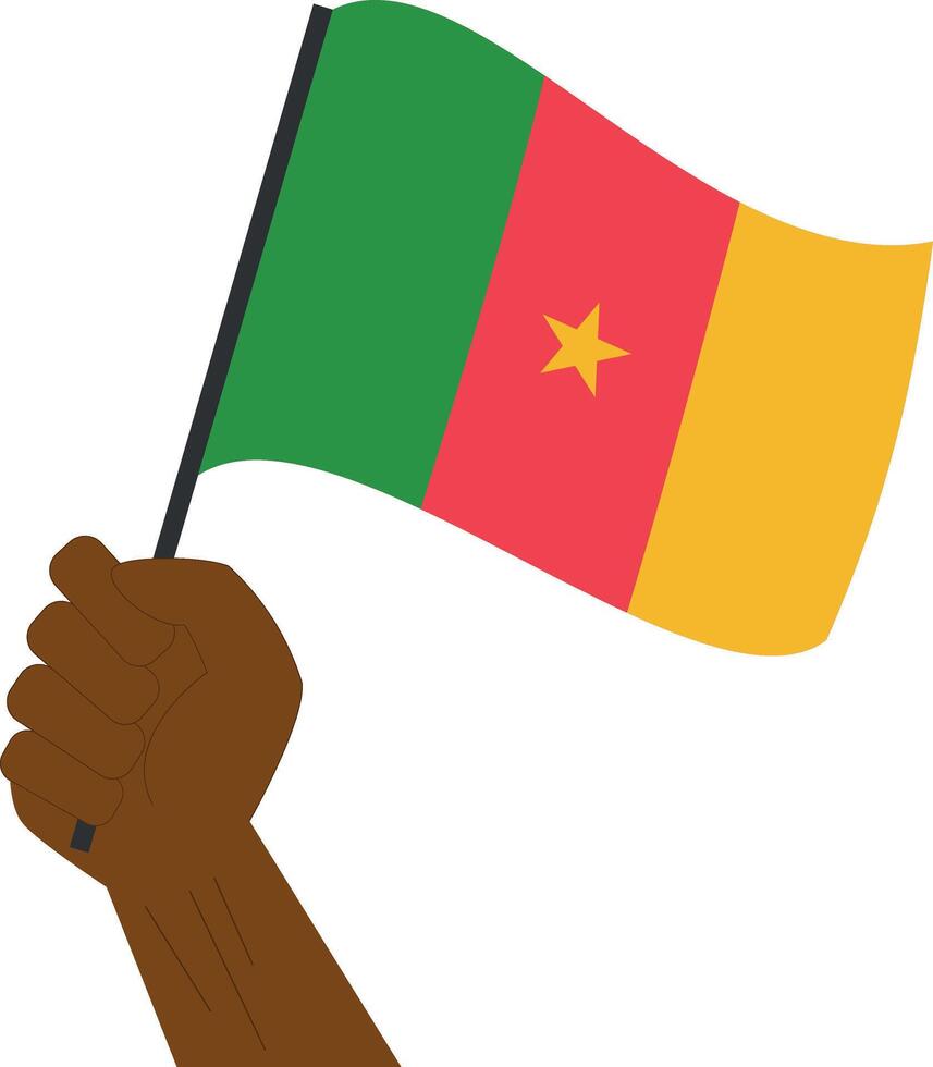 Hand holding and raising the national flag of Cameroon vector