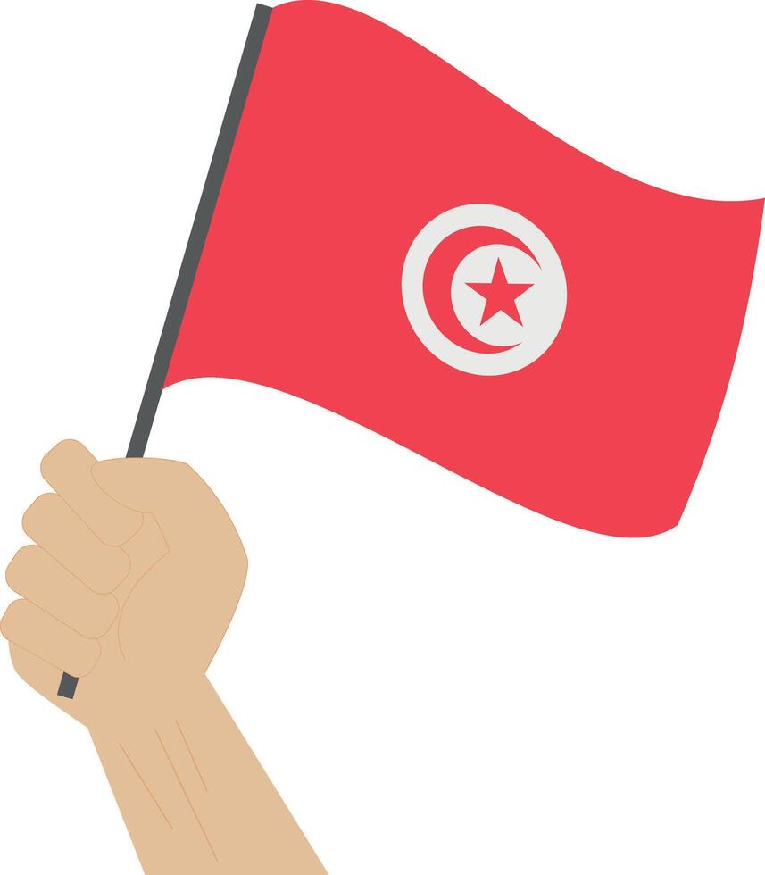 Hand holding and raising the national flag of Tunisia vector