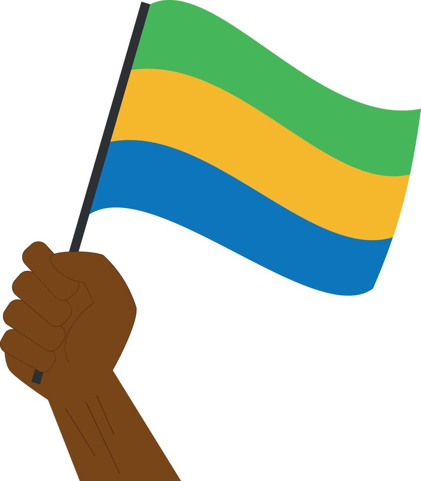 Hand holding and raising the national flag of Gabon vector