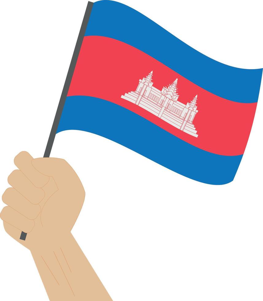 Hand holding and raising the national flag of Cambodia vector