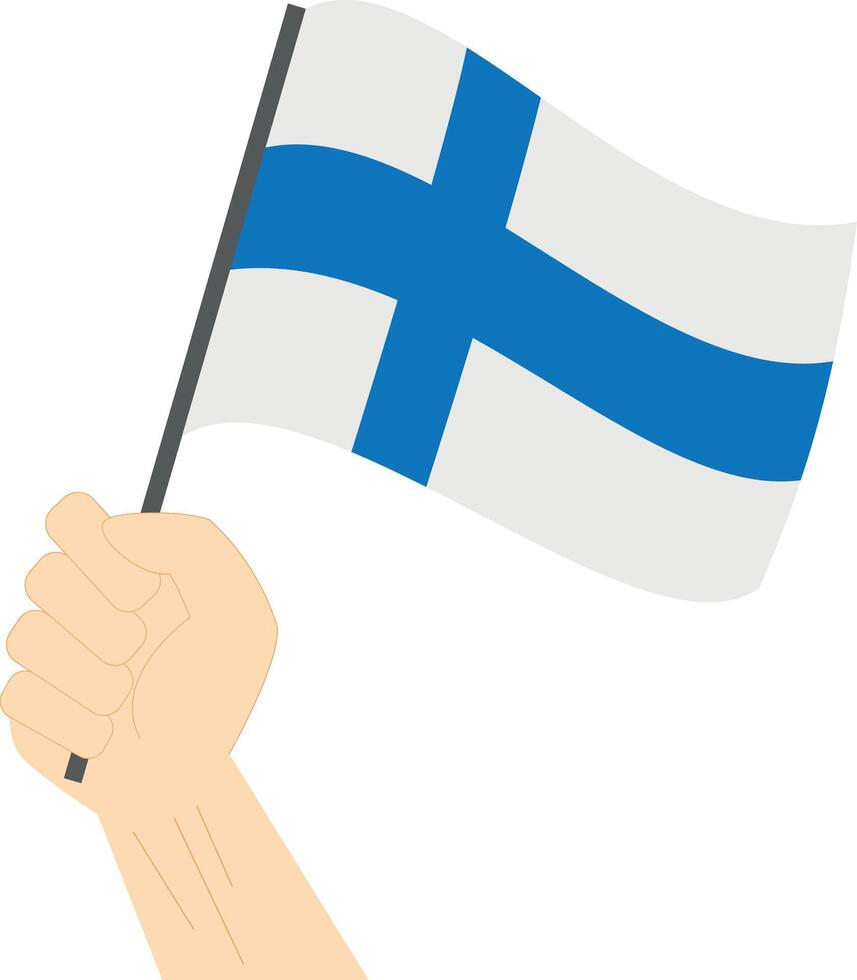 Hand holding and raising the national flag of Finland vector