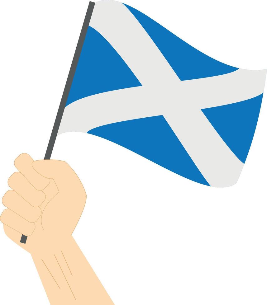 Hand holding and raising the national flag of Scotland vector