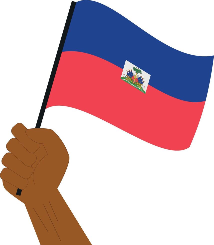 Hand holding and raising the national flag of Haiti vector