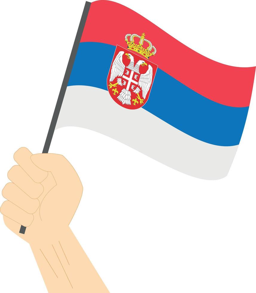 Hand holding and raising the national flag of Serbia vector