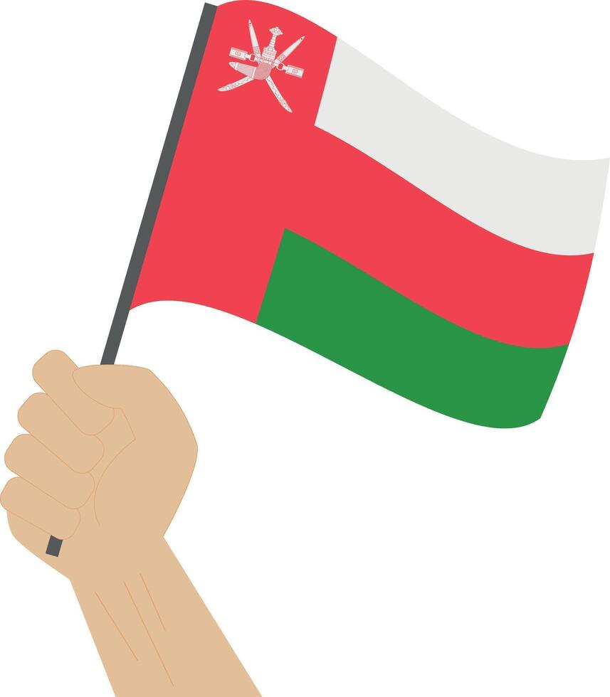 Hand holding and raising the national flag of Oman vector