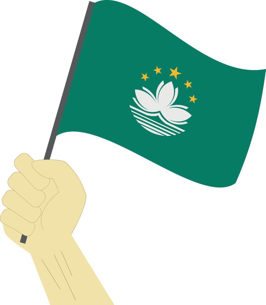 Hand holding and raising the national flag of Macao vector
