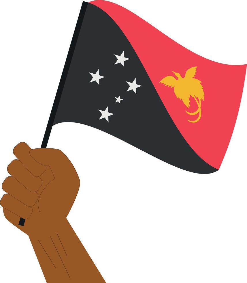 Hand holding and raising the national flag of Papua New Guinea vector