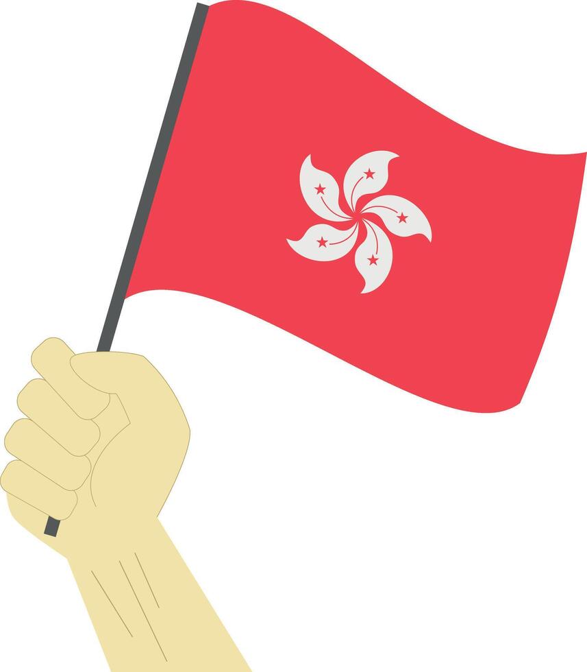 Hand holding and raising the national flag of Hong Kong vector
