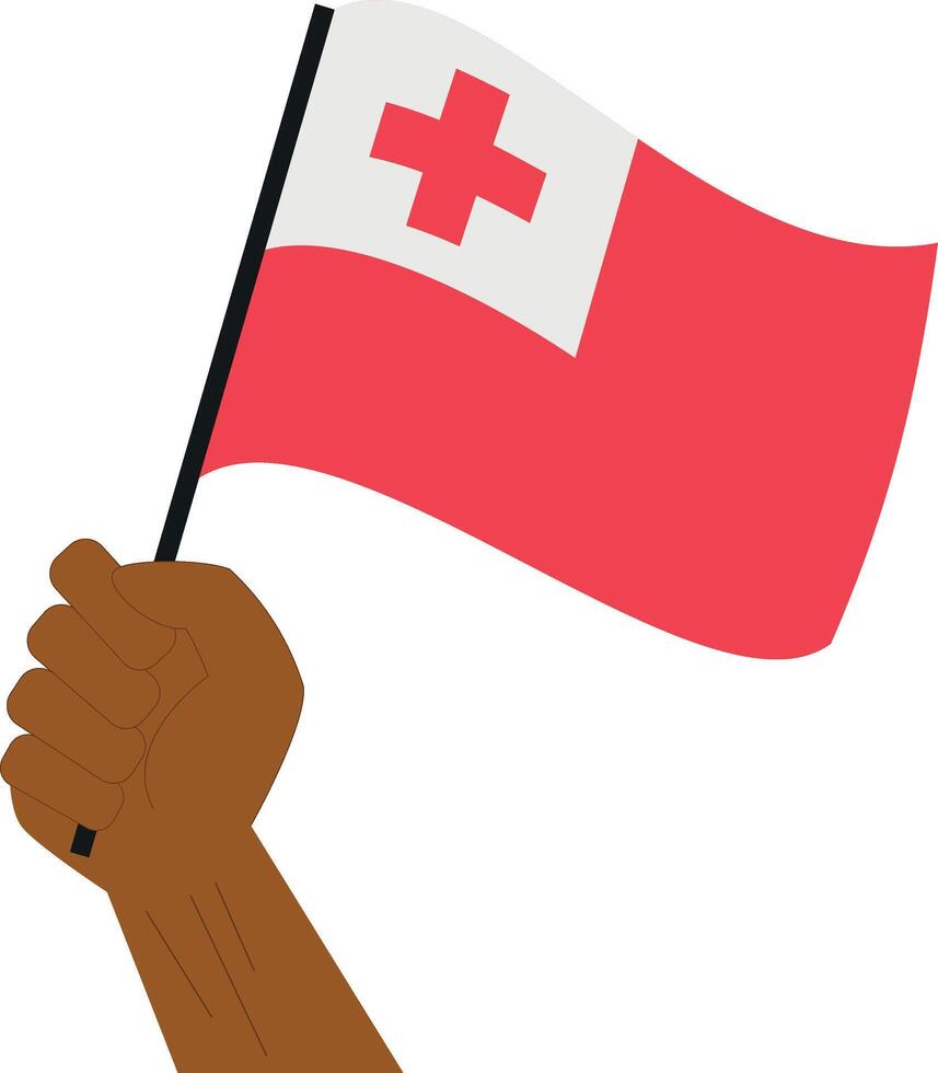 Hand holding and raising the national flag of Tonga vector