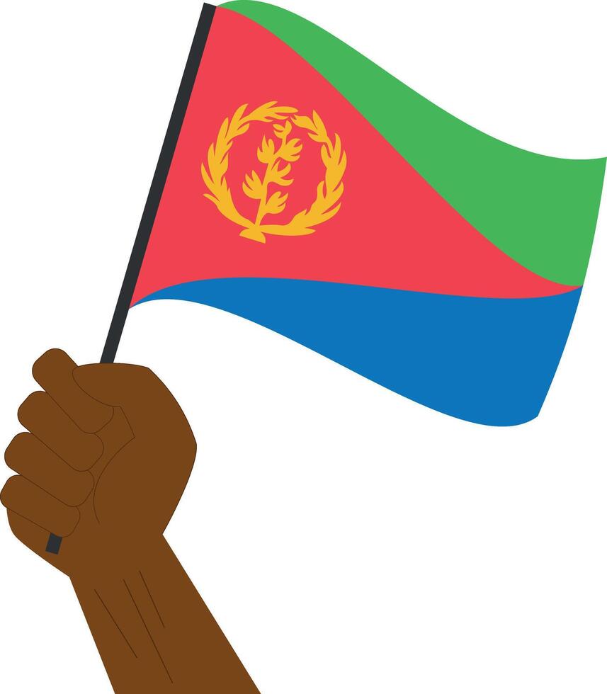 Hand holding and raising the national flag of Eritrea vector