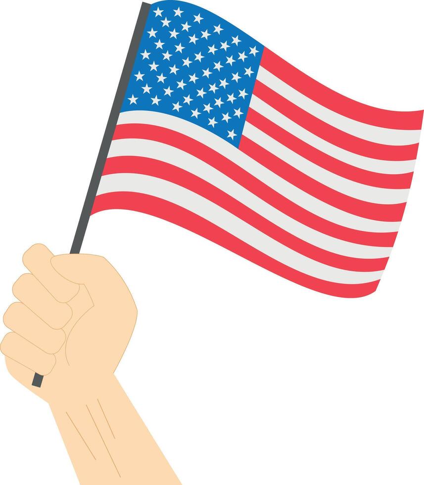 Hand holding and raising the national flag of United States of America vector