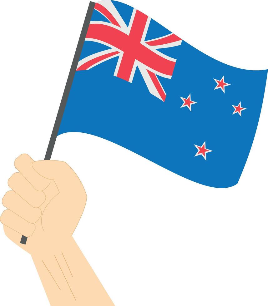 Hand holding and raising the national flag of New Zealand vector