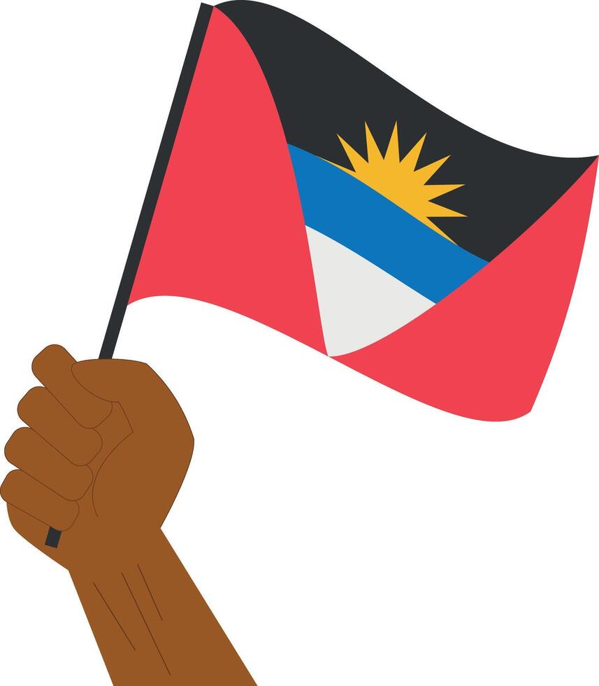 Hand holding and raising the national flag of Antigua and Barbuda vector