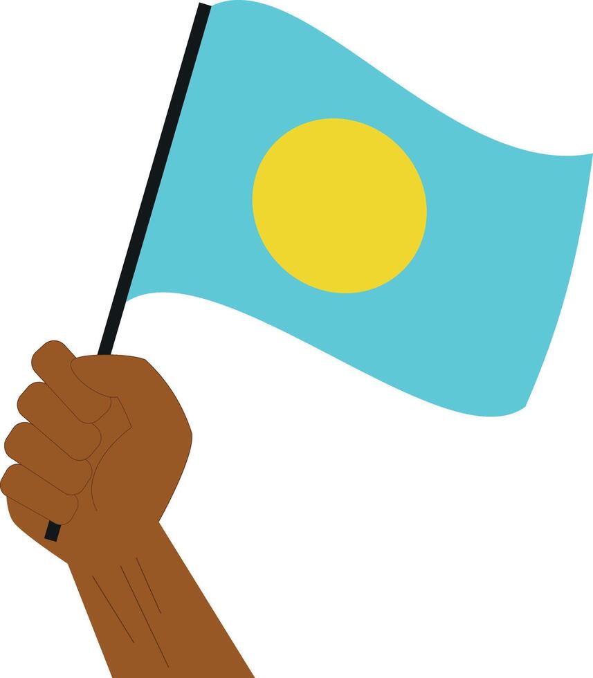 Hand holding and raising the national flag of Palau vector