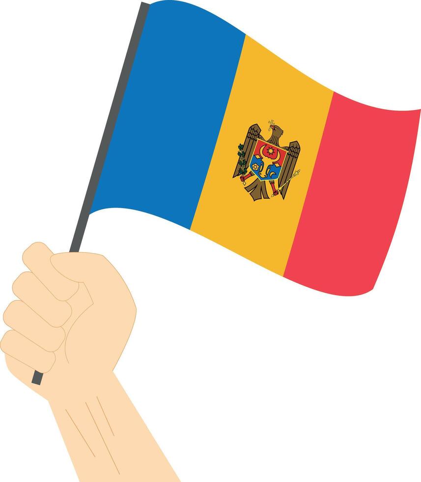 Hand holding and raising the national flag of Moldova vector