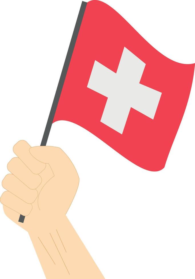 Hand holding and raising the national flag of Switzerland vector