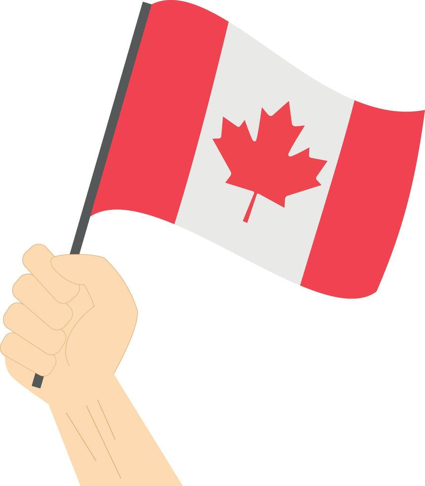 Hand holding and raising the national flag of Canada vector