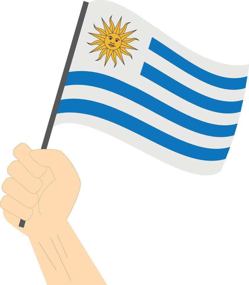 Hand holding and raising the national flag of Uruguay vector