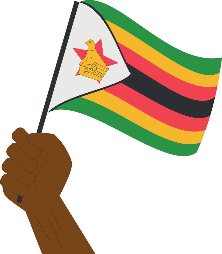 Hand holding and raising the national flag of Zimbabwe vector