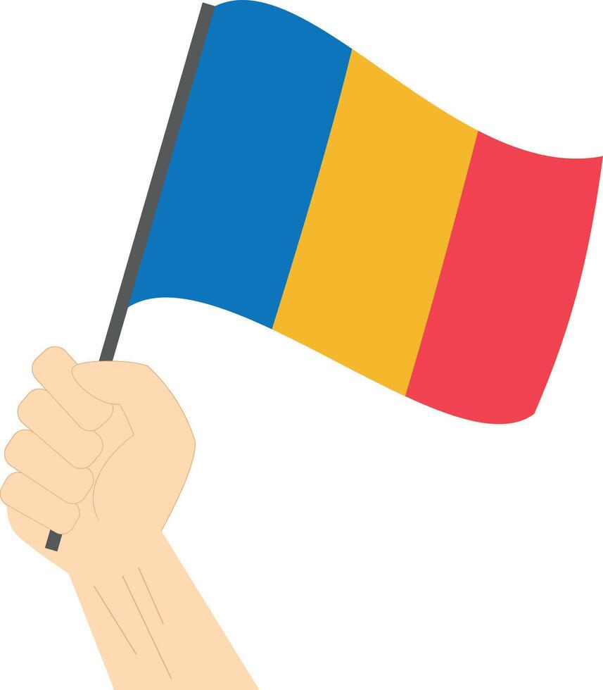 Hand holding and raising the national flag of Romania vector