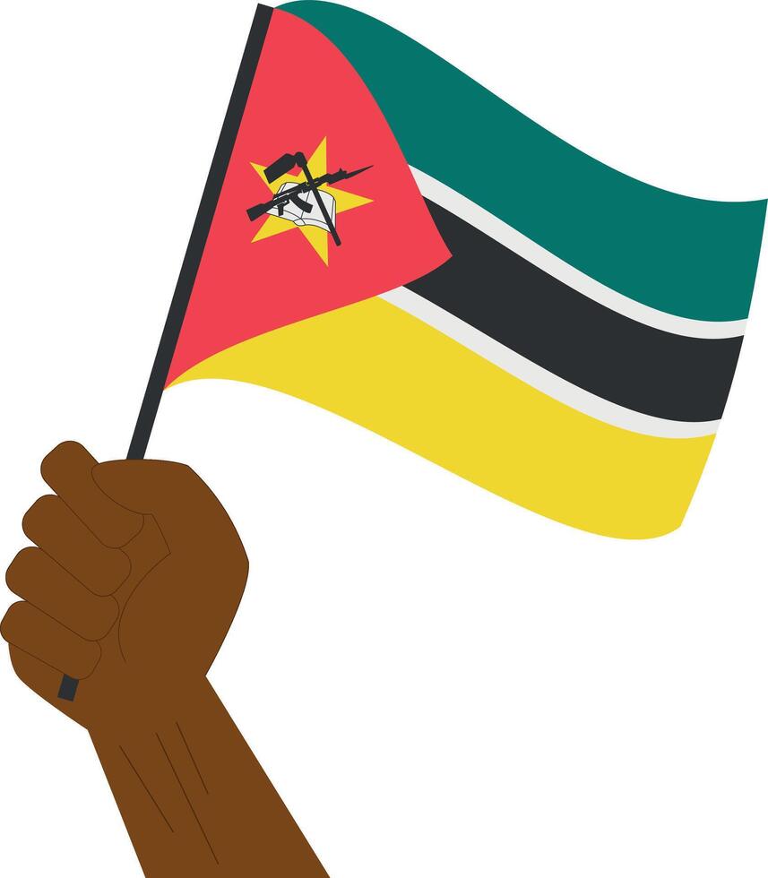 Hand holding and raising the national flag of Mozambique vector