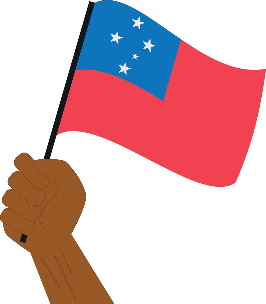 Hand holding and raising the national flag of Samoa vector