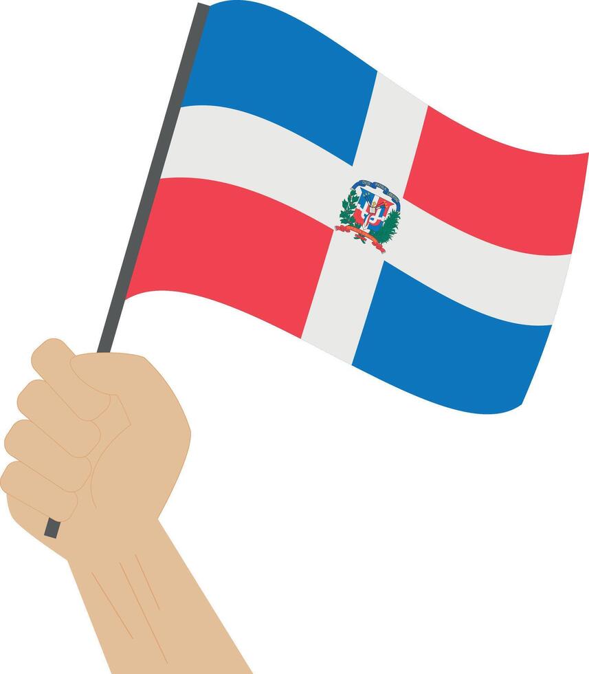 Hand holding and raising the national flag of Dominican Republic vector