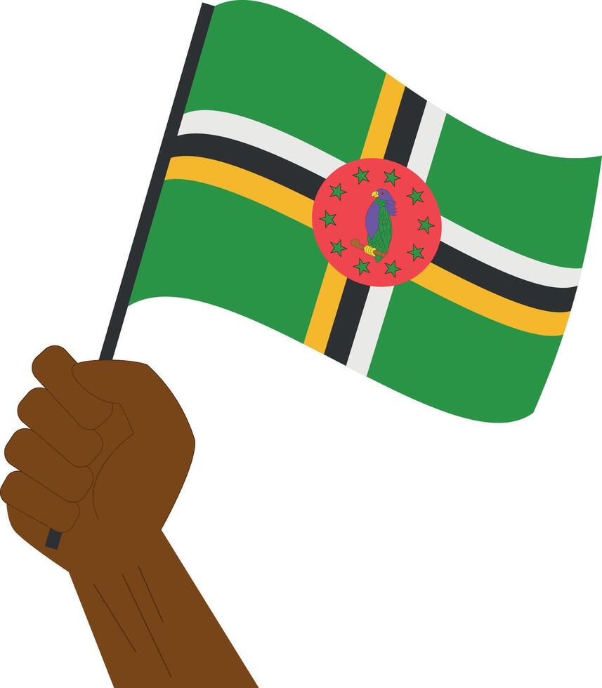 Hand holding and raising the national flag of Dominica vector