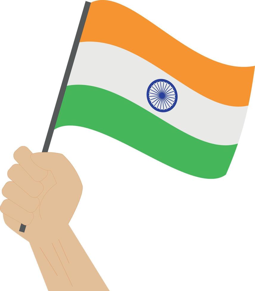 Hand holding and raising the national flag of India vector